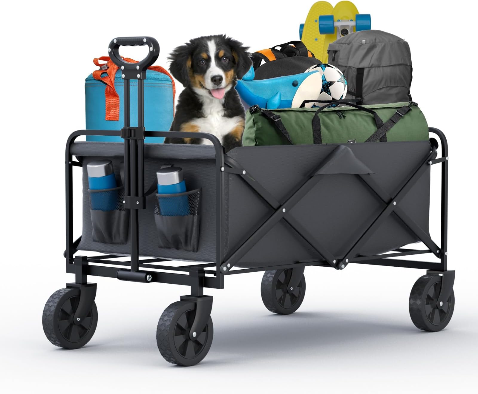 Collapsible Foldable Beach Wagon Carts with 360° Rotating Wheels for All Terrain, Utility Heavy Duty Folding Wagon with 300LBS Capacity for Grocery, Sand, Garden, Outdoor, Camping (Black)