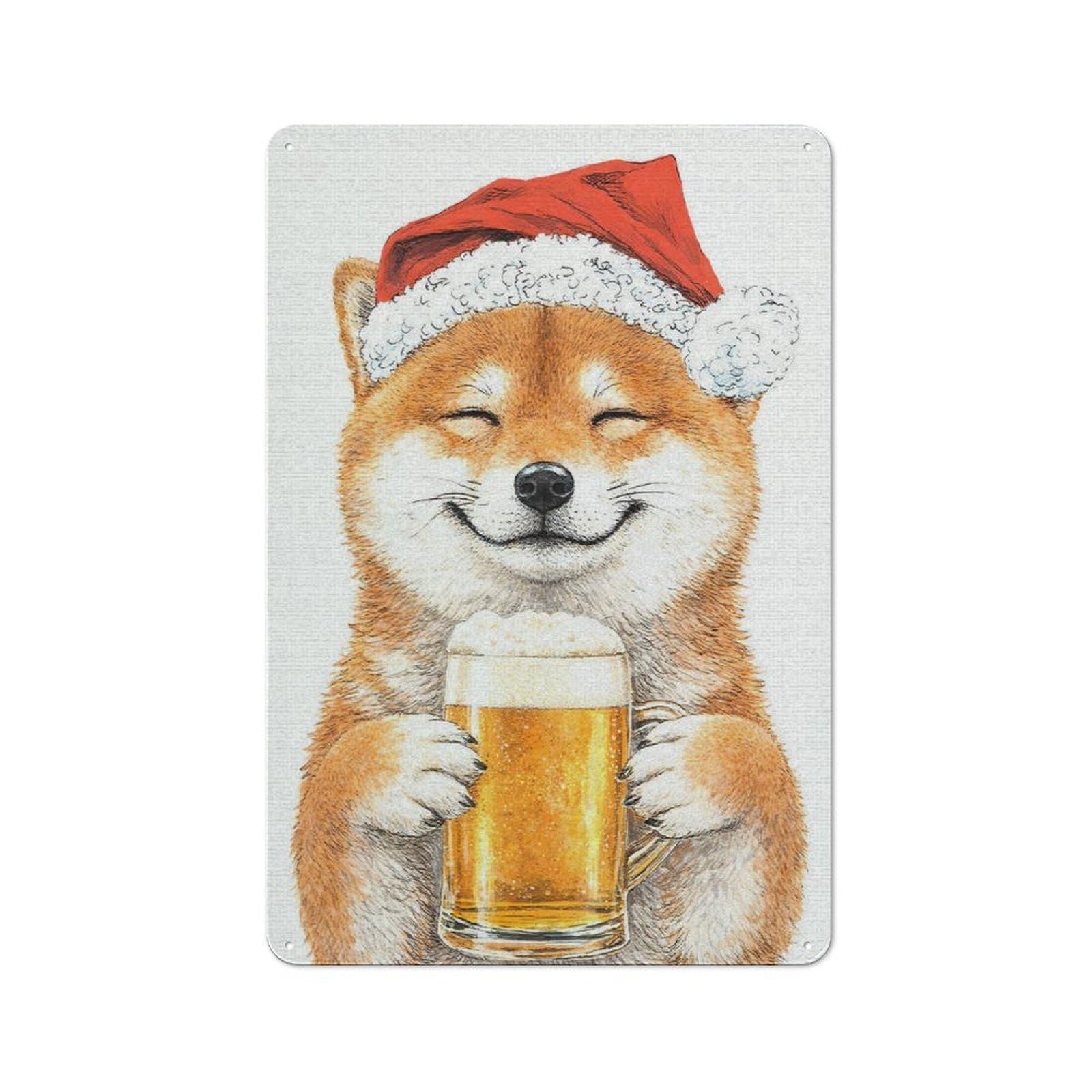 Junmoney Style-21 Shiba Inu In Santa Hat With Beer Barn Style Metal Wall Decor 30X20cm, Country Metal Sign For Kitchen, Cottage, Porch Or Garden Room