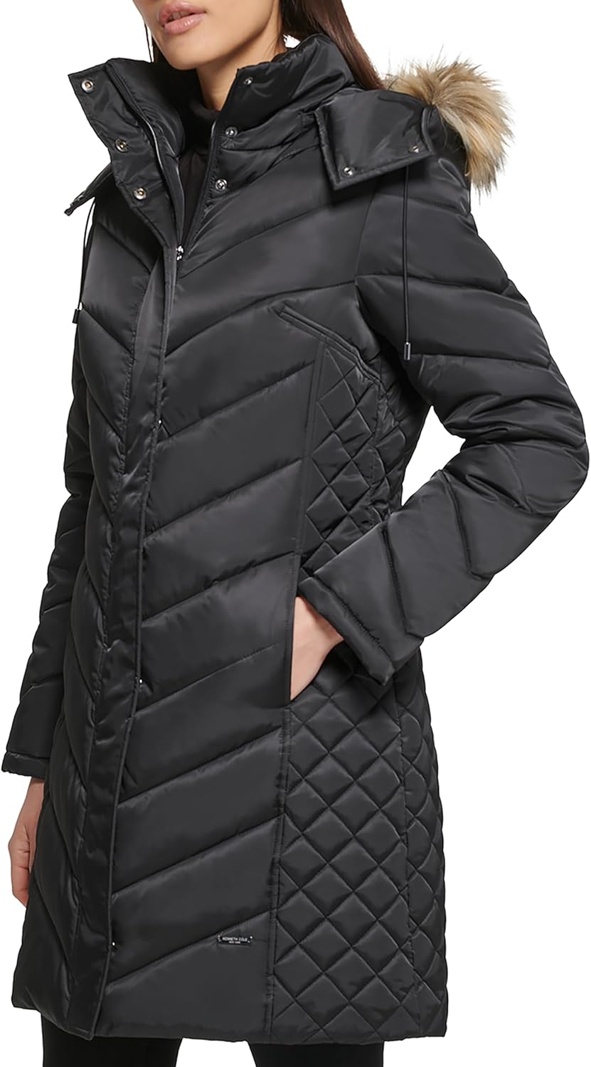 Kenneth Cole Women's Heavyweight 3/4 Puffer With Faux Fur Trimmed Hood - Image 2