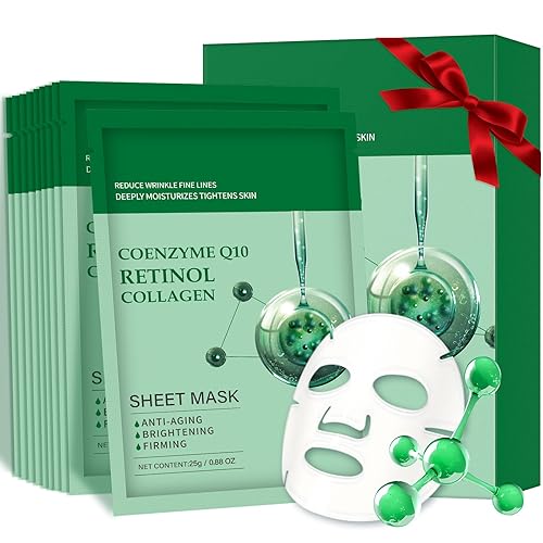 Paquete de 10 mascarillas faciales de colágeno, mascarillas faciales para el cuidado de la piel con coenzima Q10 Retinol antienvejecimiento,