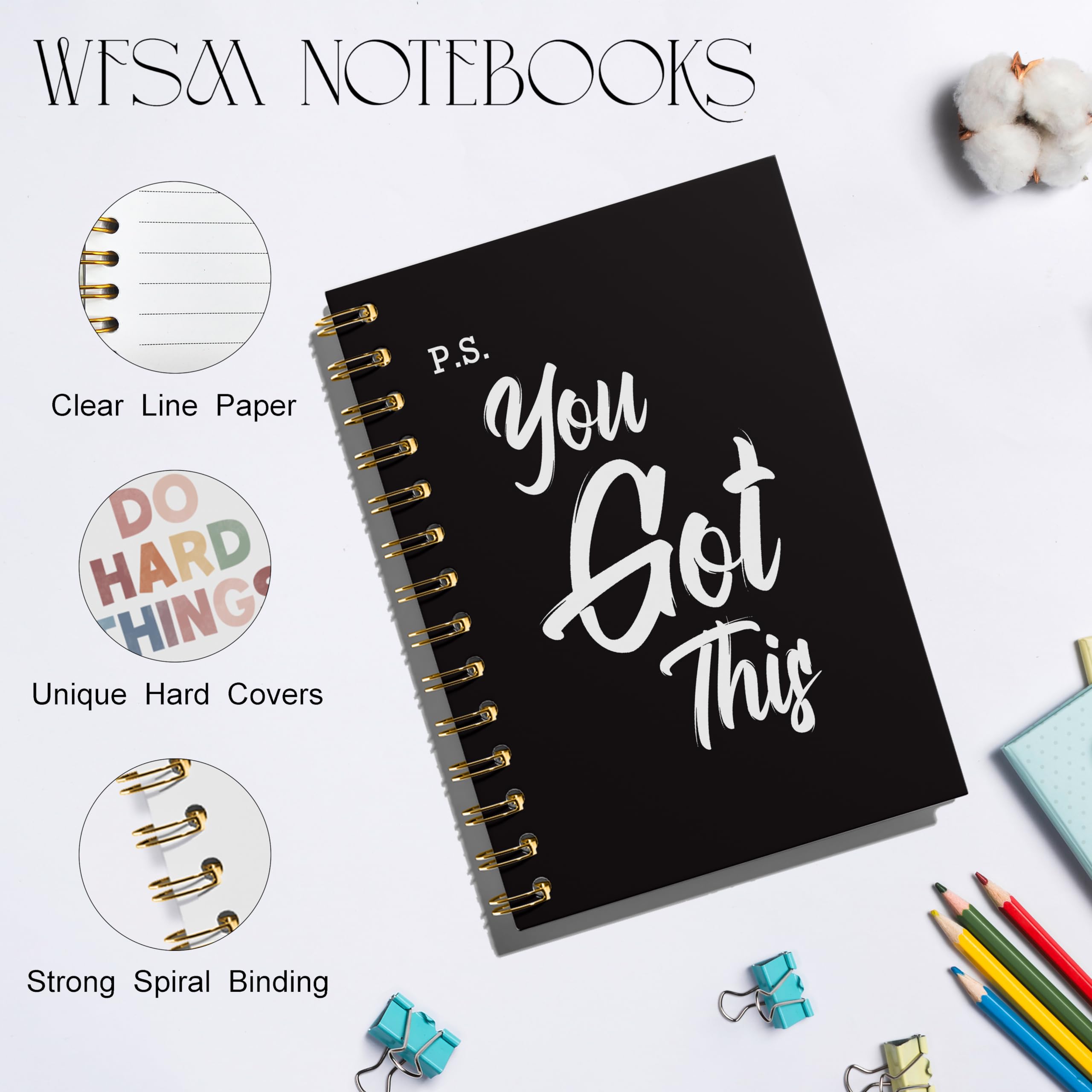 WFSM You Got This - Cuaderno de espiral, cuadernos inspiradores para mujeres y hombres, diario motivacional, cuadernos en espiral de tapa dura negra para tomar notas de trabajo, 5.5 x 8.3 pulgadas