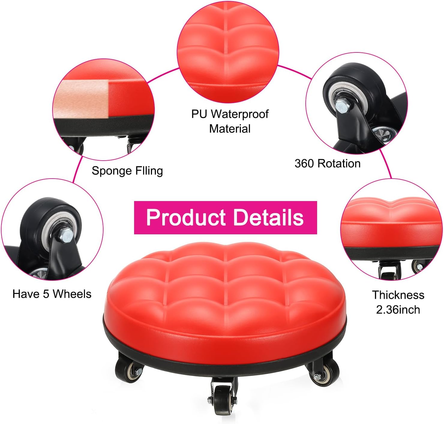 PATIKIL Low Roller Seat Wheel Stool Chair PU Leather Short Low Rolling Stool with Universal Wheel for Home Office Fitness (Red), 5.1" Height