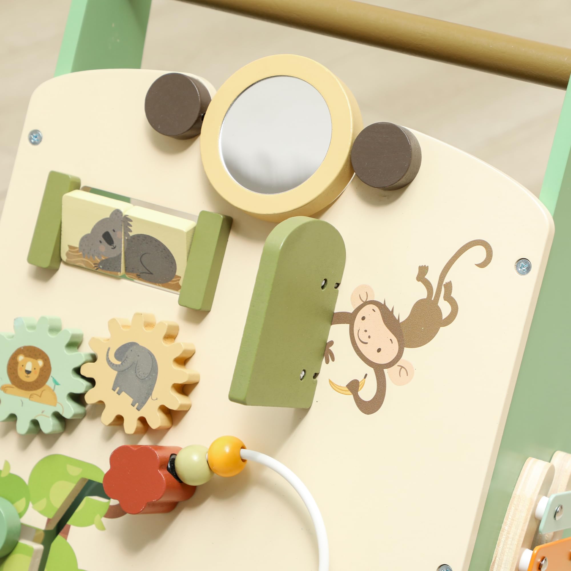 AIYAPLAY Trotteur en bois pour bébé avec contrôle de vitesse, centre d'activités avec xylophone, engrenages et labyrinthe de perles, chariot de marche pour garçons et filles de 18+ mois, vert