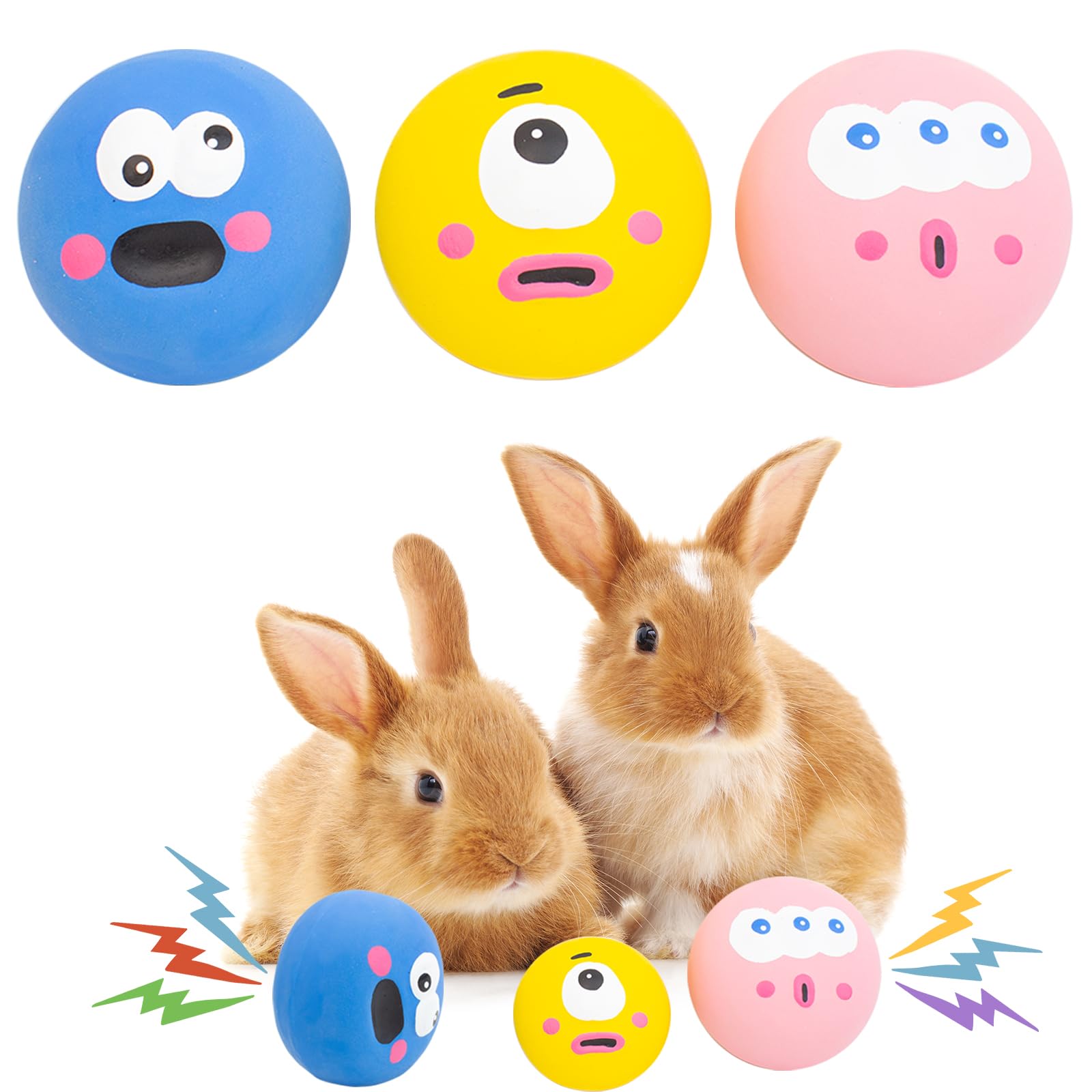 FlidRunest 3PCS Natural Rubber Squeaker Toys for Rabbit, High Elasticity Bunny Latex Squeak Balls, Teething Toys Big Eyes Printed Toy Ball for Bunny,