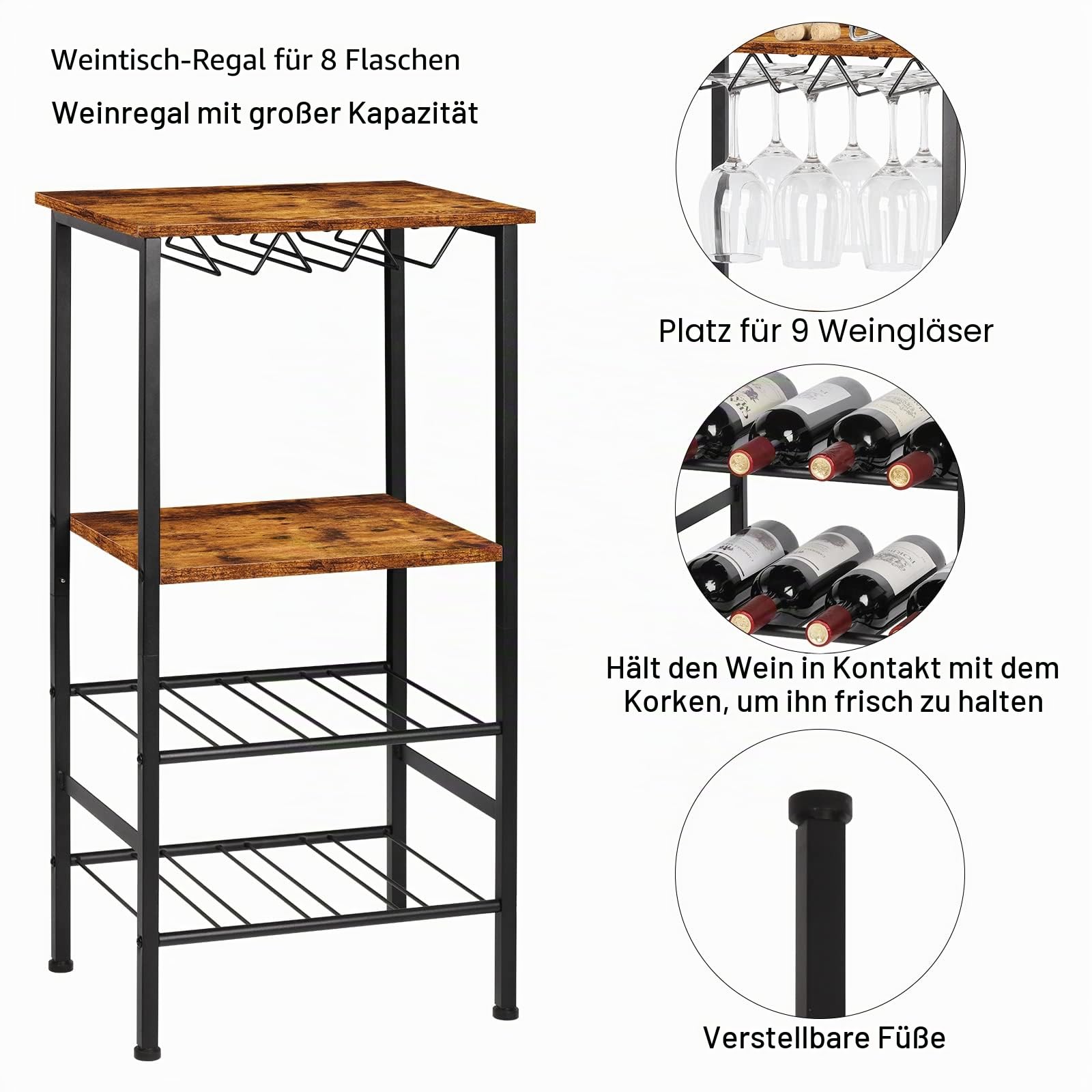 CADUKE Freistehendes Weinregal mit Weinglashalter, Barschrank mit Tischplatte, Flaschenregal für 8 Flaschen, Weintisch mit Lagerregalen für Keller, Bar, Küche und Lagerraum, Vintagebraun