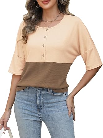 Womens Waffle Knit Tops 2025 Fashion 3/4 Sleeve Casual Button Down Shirts Crew Neck Oversized Patchwork Blouses