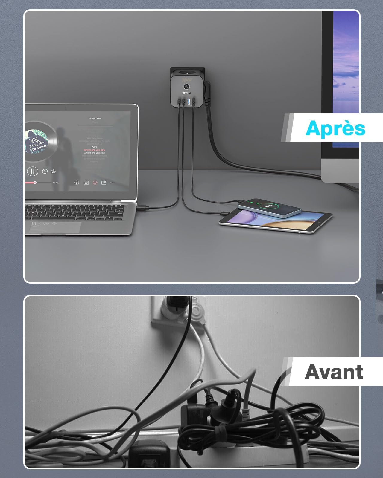 VEFVE Chargeur Rapide USB C 70W, Prise Multiprise Cube 7-en-1 avec Interrupteur, Technologie GaN III, Compatible Ordinateurs Portables, Tablettes et Smartphones