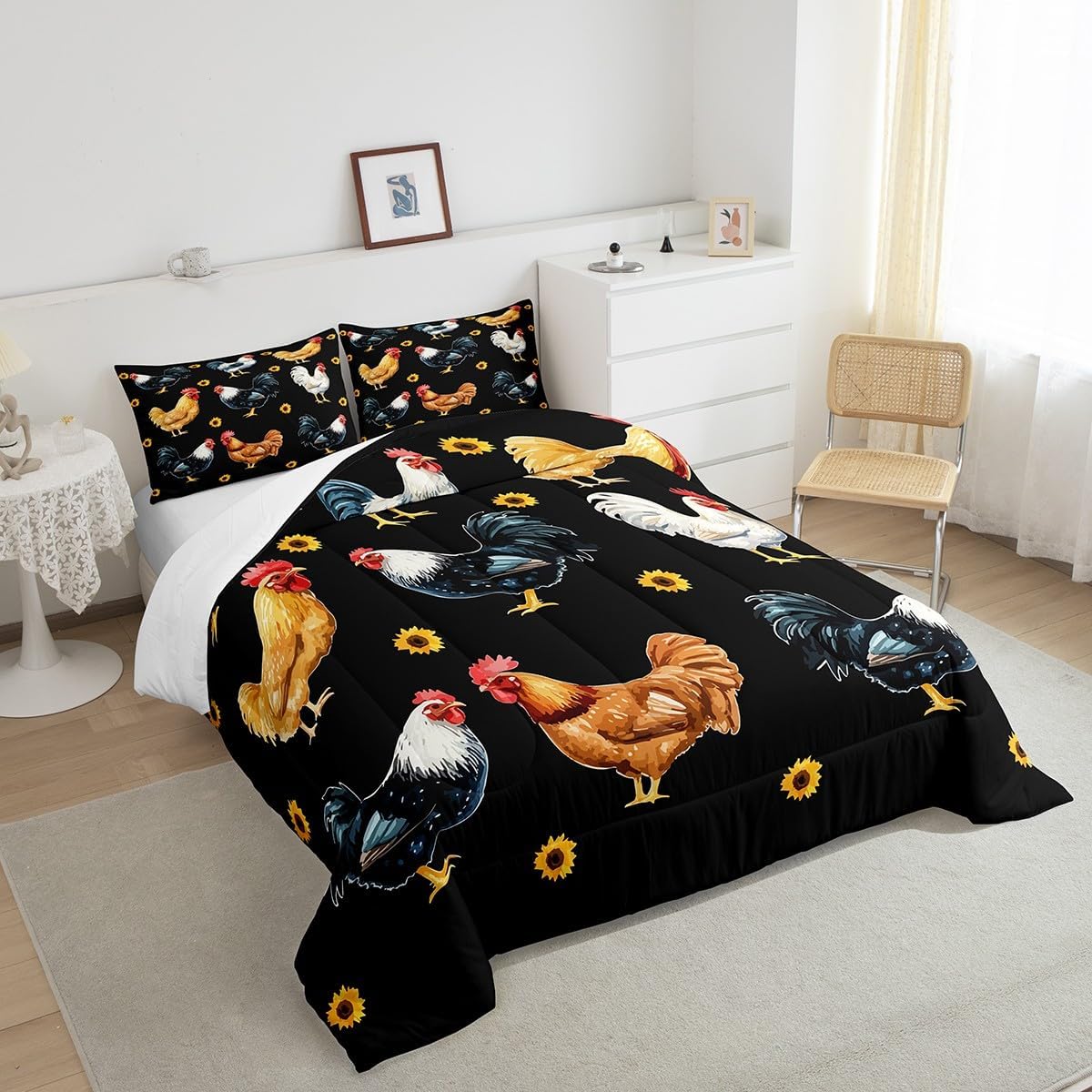 Feelyou Cute Chicken Comforter Set Sunflower Farmhouse Animal Comforter for Kids Teens Farm Chickens Animal Bedding Set Chick Comforter Room Decor 3Pcs with 2 Pillow Case King Size Boys