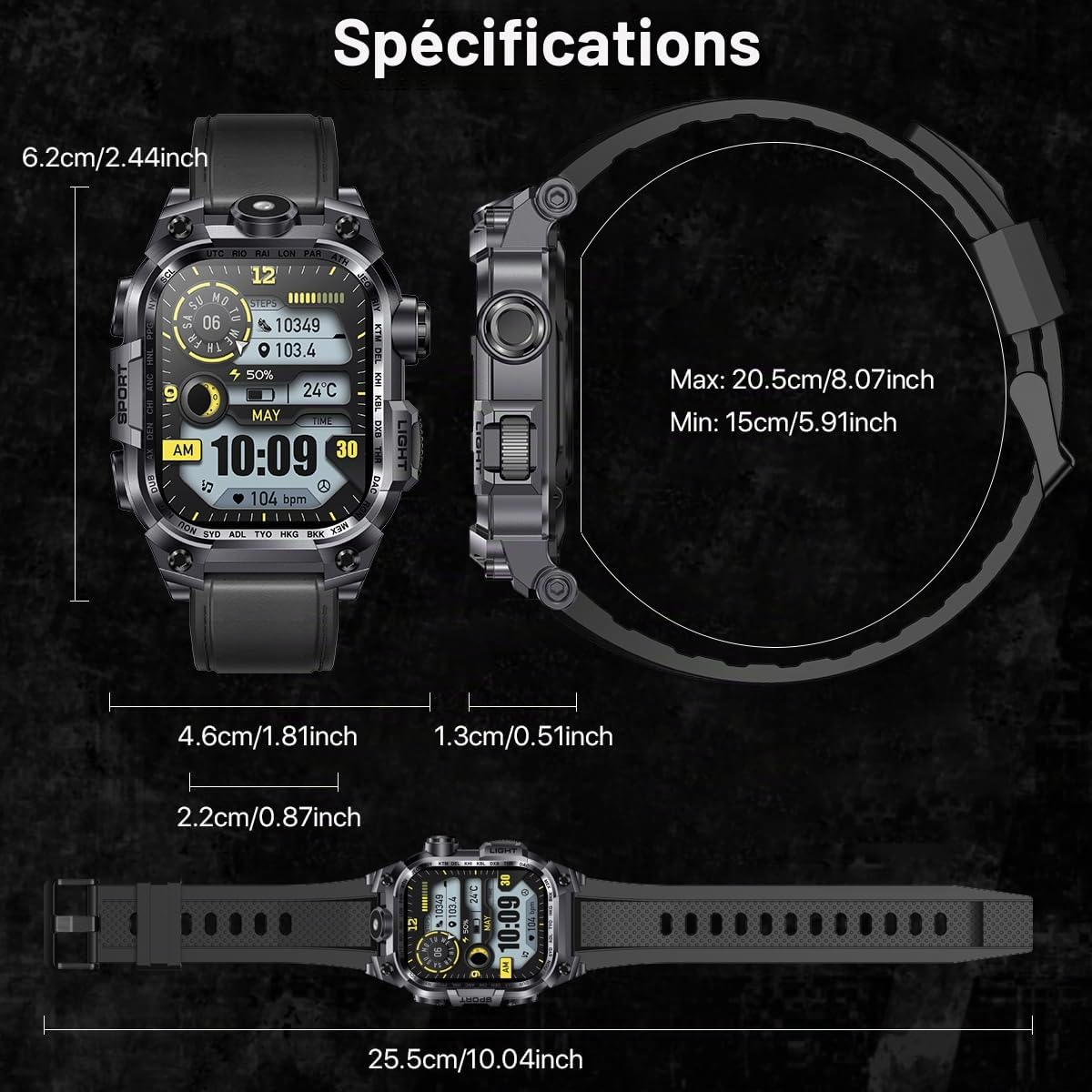 Nemheng Military Smart Watch pour hommes, 2.01” HD Fitness Tracker Watch with Make/Answer Call, Women's Smartwatch With Flashlight & 100+ Sport Modes, SpO2 Moniteur de fréquence cardiaque et de sommei