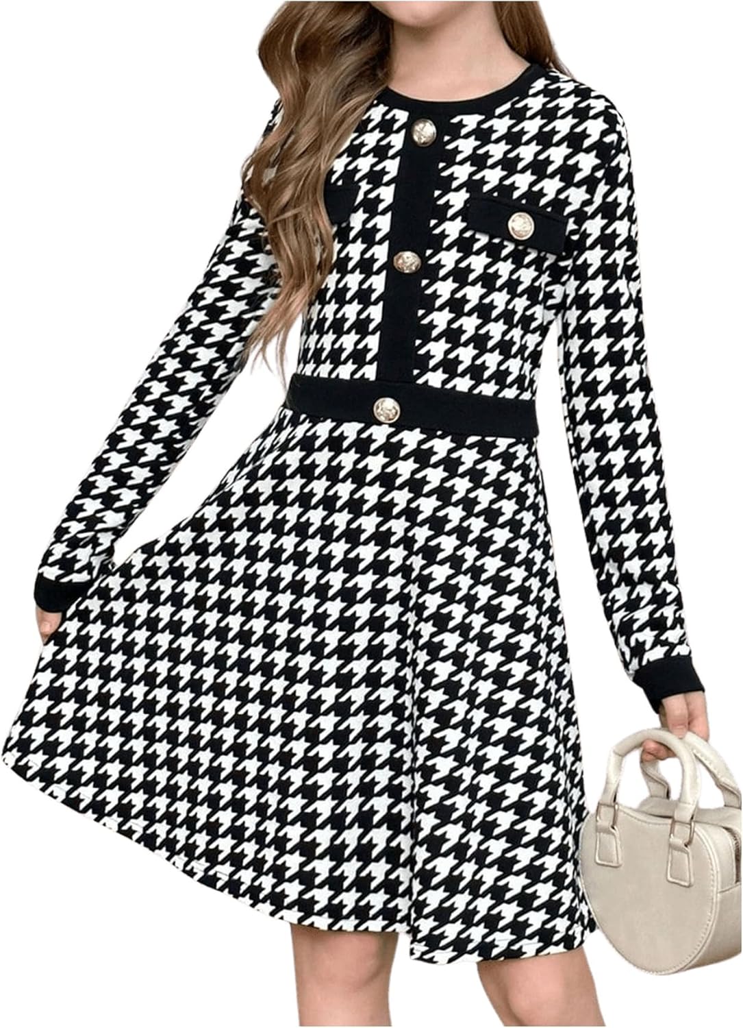 SweatyRocks Girl's Houndstooth Print A Line Dress Crewneck Long Sleeve Button Front Short Dresses