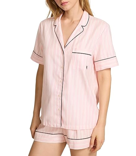 Victoria's Secret Flannel Pajama Set, Short Sleeve Shirt and Pajama Short Set, Sleepwear for Women (XS-XXL) - Pink Iconic Stripe - Small