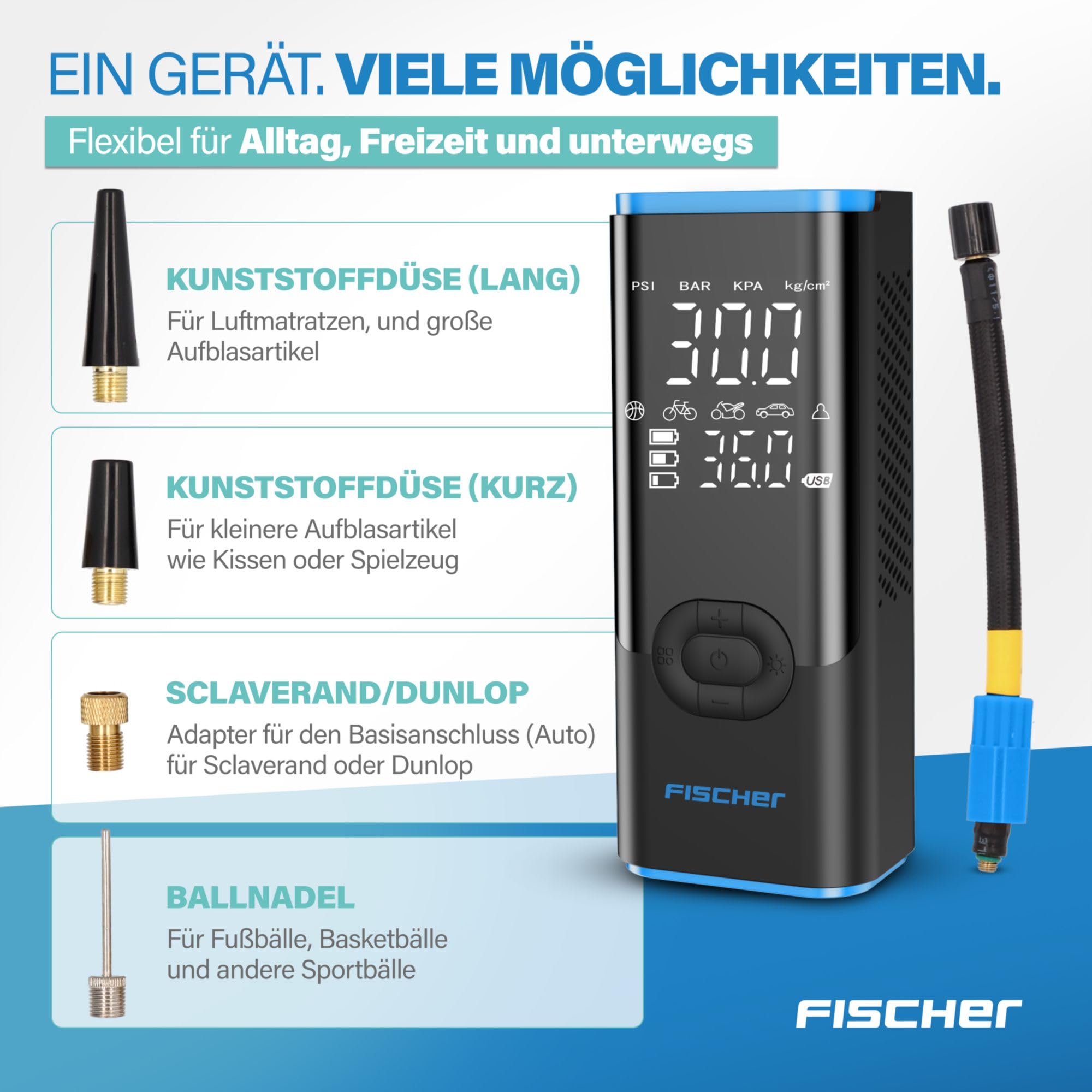 Fischer Akku-Kompressor AP Power Duo inkl. Powerbank, schnelles Aufpumpen, Einstellbarer Zieldruck mit Autostop, Taschenlampe mit SOS, Druck und Batterieanzeige, 3 bis 150 PSI, 12 V Autoanschluss