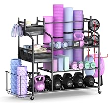 Mythinglogic Weight Rack for Dumbbells, Home Gym Storage for Yoga Mat Dumbbells Kettlebells and Strength Training Equipment, Dumbbell Rack with Wheels and Hanging Hooks