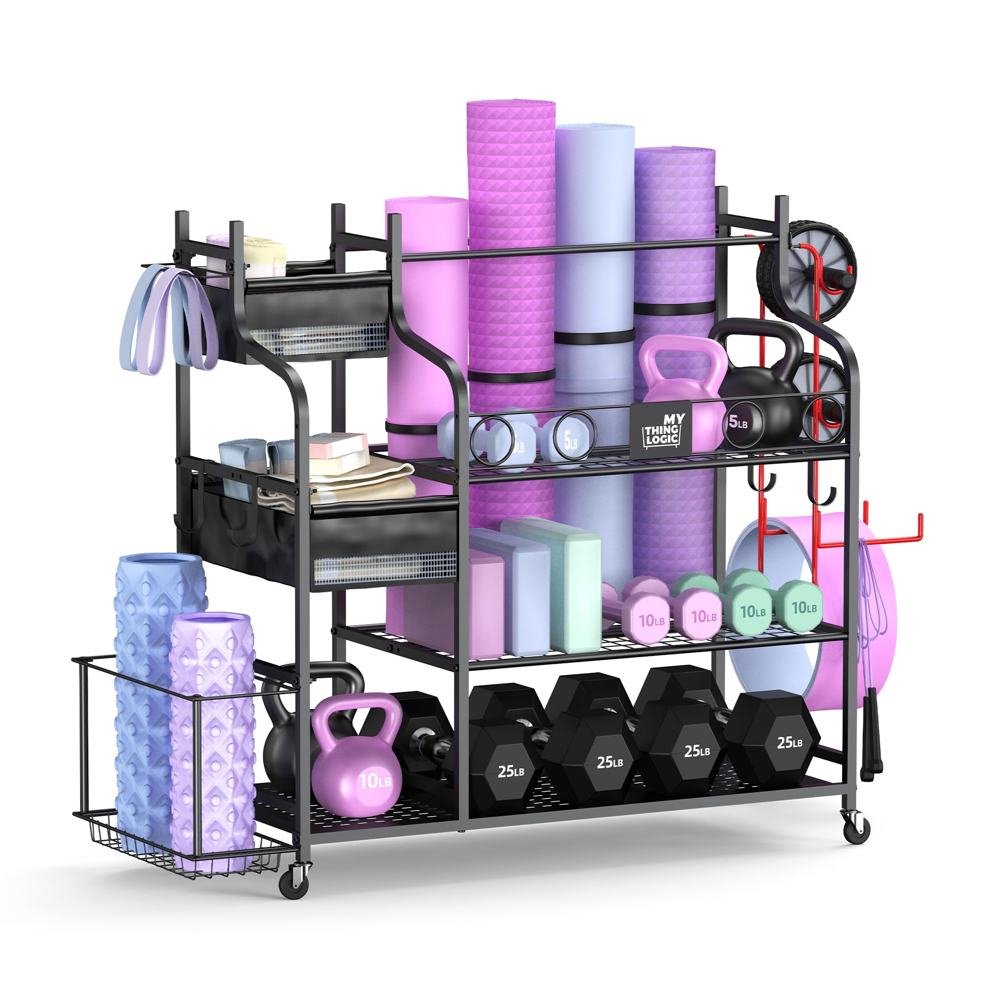 Mythinglogic Weight Rack for Dumbbells, Home Gym Storage for Yoga Mat Dumbbells Kettlebells and Strength Training Equipment, Dumbbell Rack with Wheels and Hanging Hooks