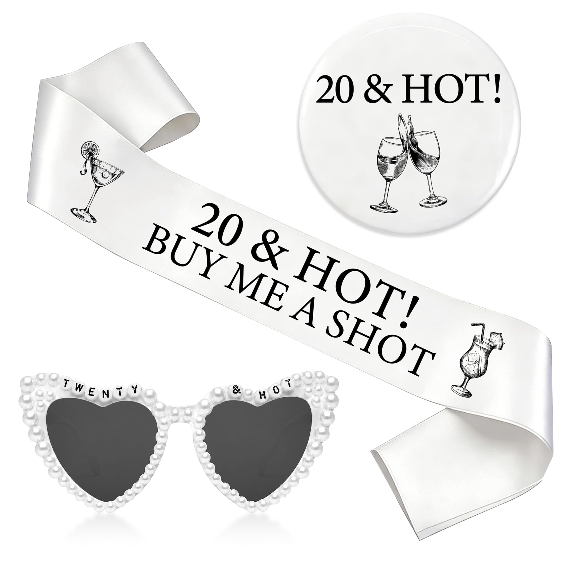 20th Birthday Decorations Sash Badge - 3 PC Black White 20th Bday Set