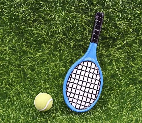 Miniatura 6 de Juego de raquetas de tenis en miniatura azul y verde, accesorios a escala 112, juego de mini raqueta, tenis pequeño