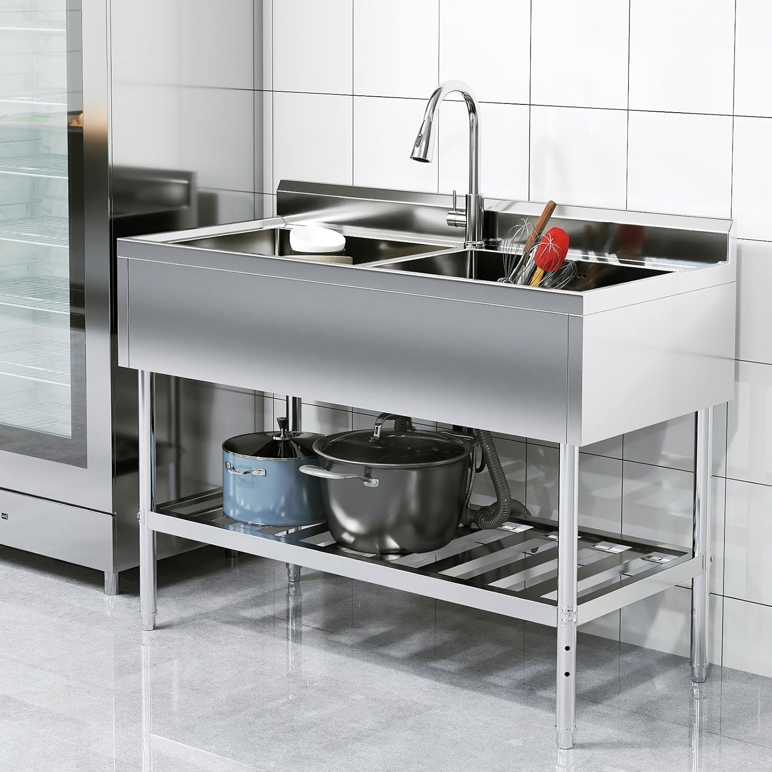 Stainless Steel Utility Sink, 47'' Free Standing DoubleBowl Kitchen Sink with Cold and Hot Water Pipe, Indoor and Outdoor for Laundry Room Farmhouse Kitchen(47inch)