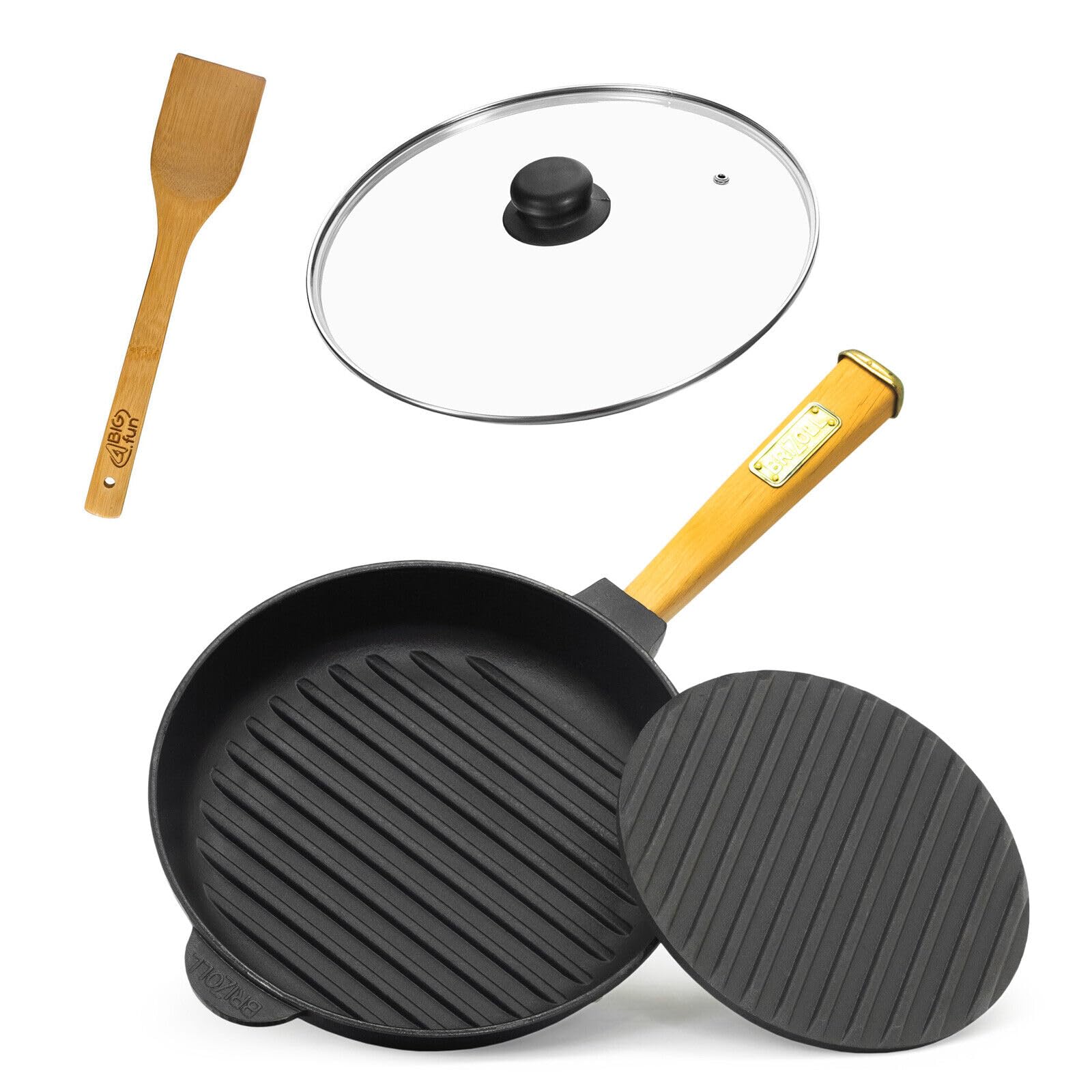 Ø28cm Grillpfanne Gusseisen mit Pressdeckel Glasdeckel Pfannenwender Induktion Holzgriff Bratpfanne Pfanne Feuerpfanne