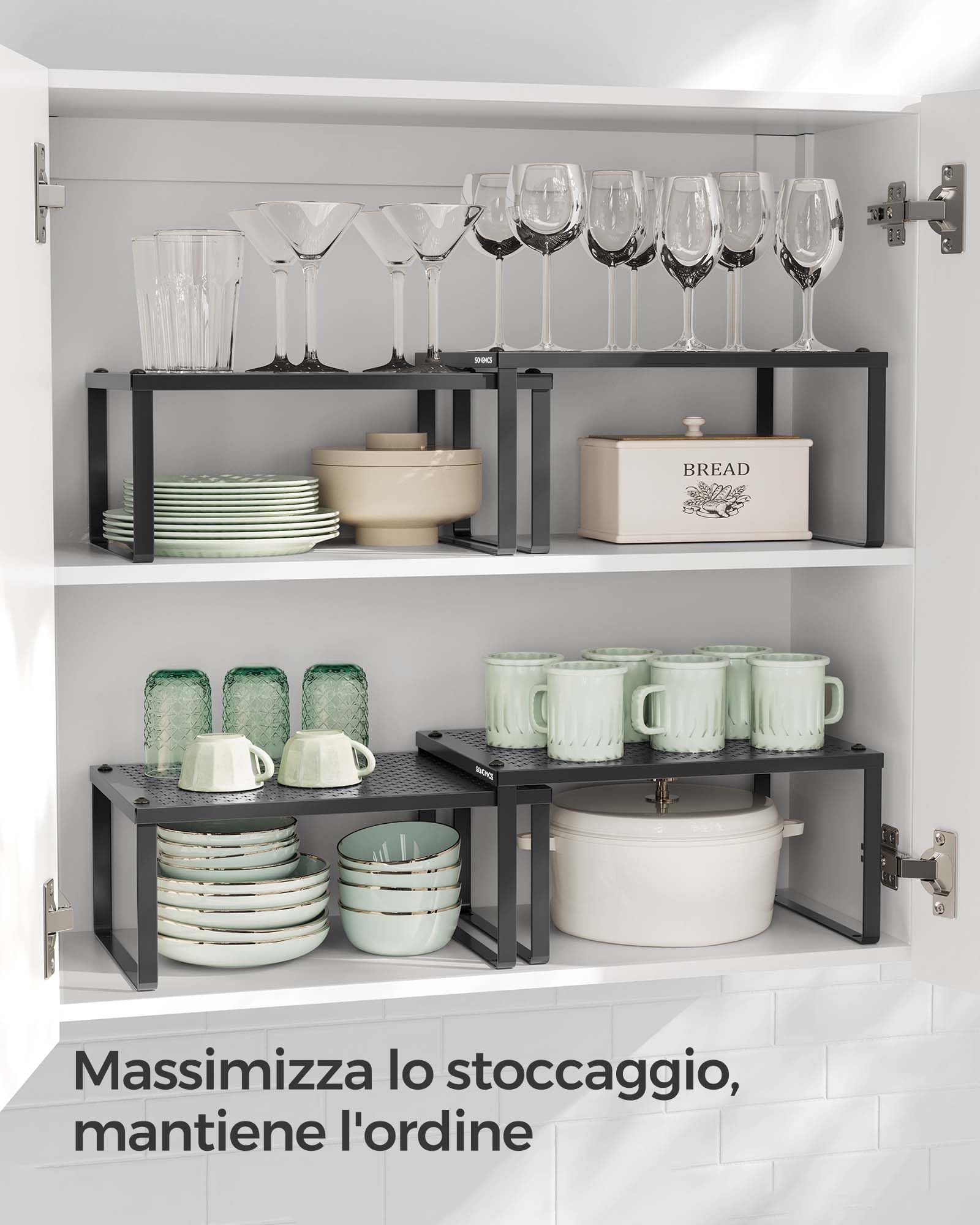 SONGMICS Scaffale Portaspezie, Set di 2 Organizzatori da Cucina Espandibili, Scaffale da Cucina Impilabile, Metallo, Nero Inchiostro KCS001B01