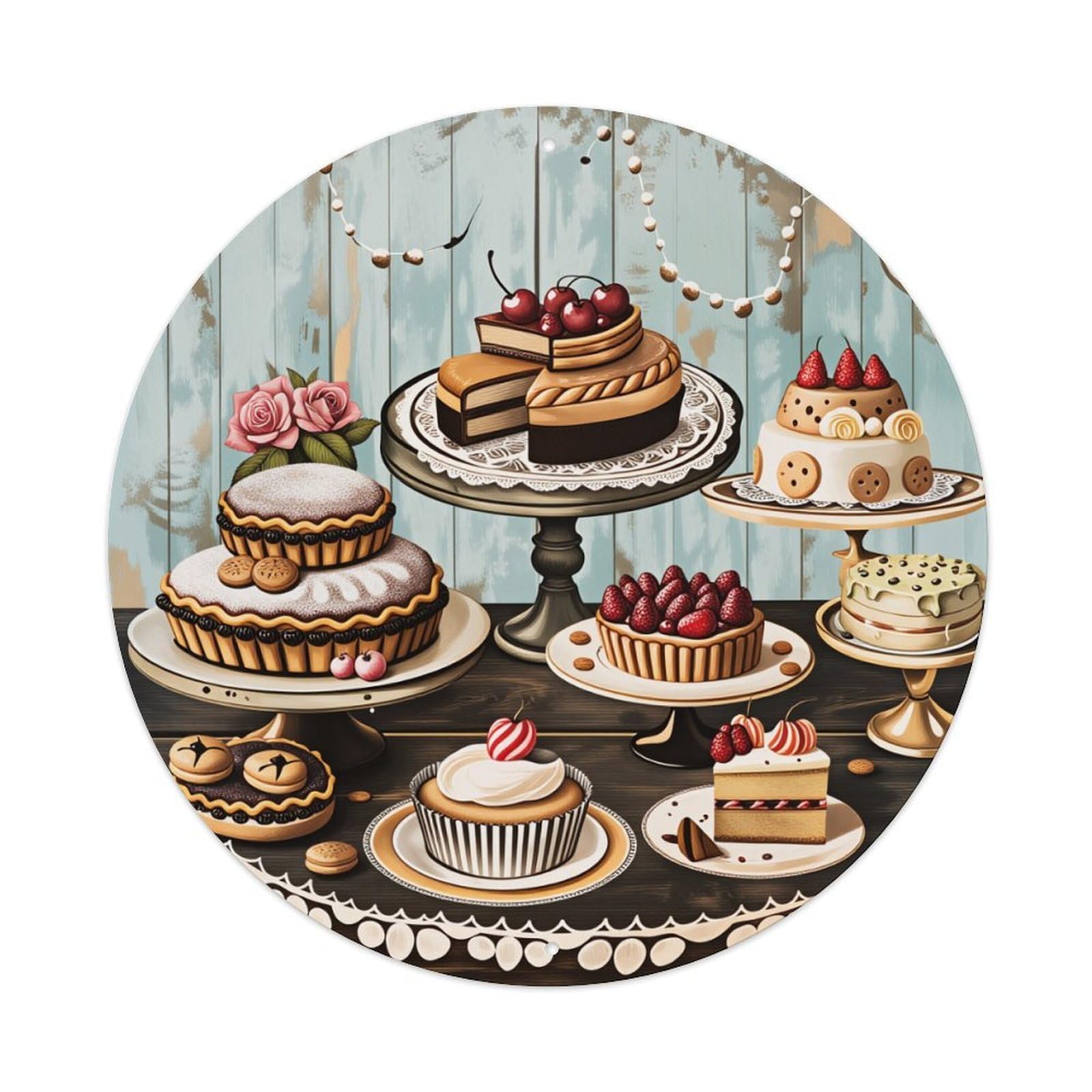 Sweet Dessert Cake Pattern Print Round Tin Sign Vintage Metal Poster Retro Bar, Home, Man Cave, Kitchen, Laundry Room Wall Art Decor Gift 8x8Inch