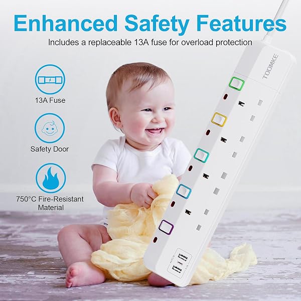 Extension Lead with USB Slots, Toomke 4 Way Plug Extension Socket with 2 USB-A and 1 USB-C, Mountable Power Strip with Individual Switches, UK Plug Socket 1.5m Extension Cord 13A 3250W - 5