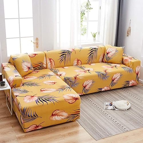 Forros Para Muebles Sofás, en forma de L, funda de sofá combinada, color amarillo, hojas tropicales, funda de sofá de esquina, antideslizante, para