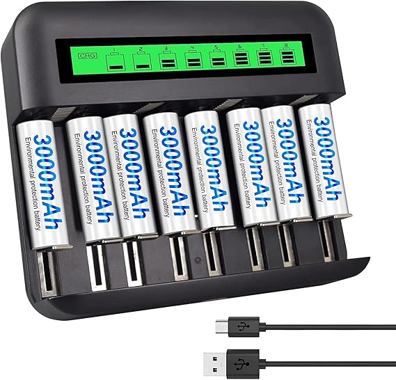 CITYORK AA AAA C D Ladegerät mit 8 Stück 3000mAh wiederaufladbaren AA Batterien