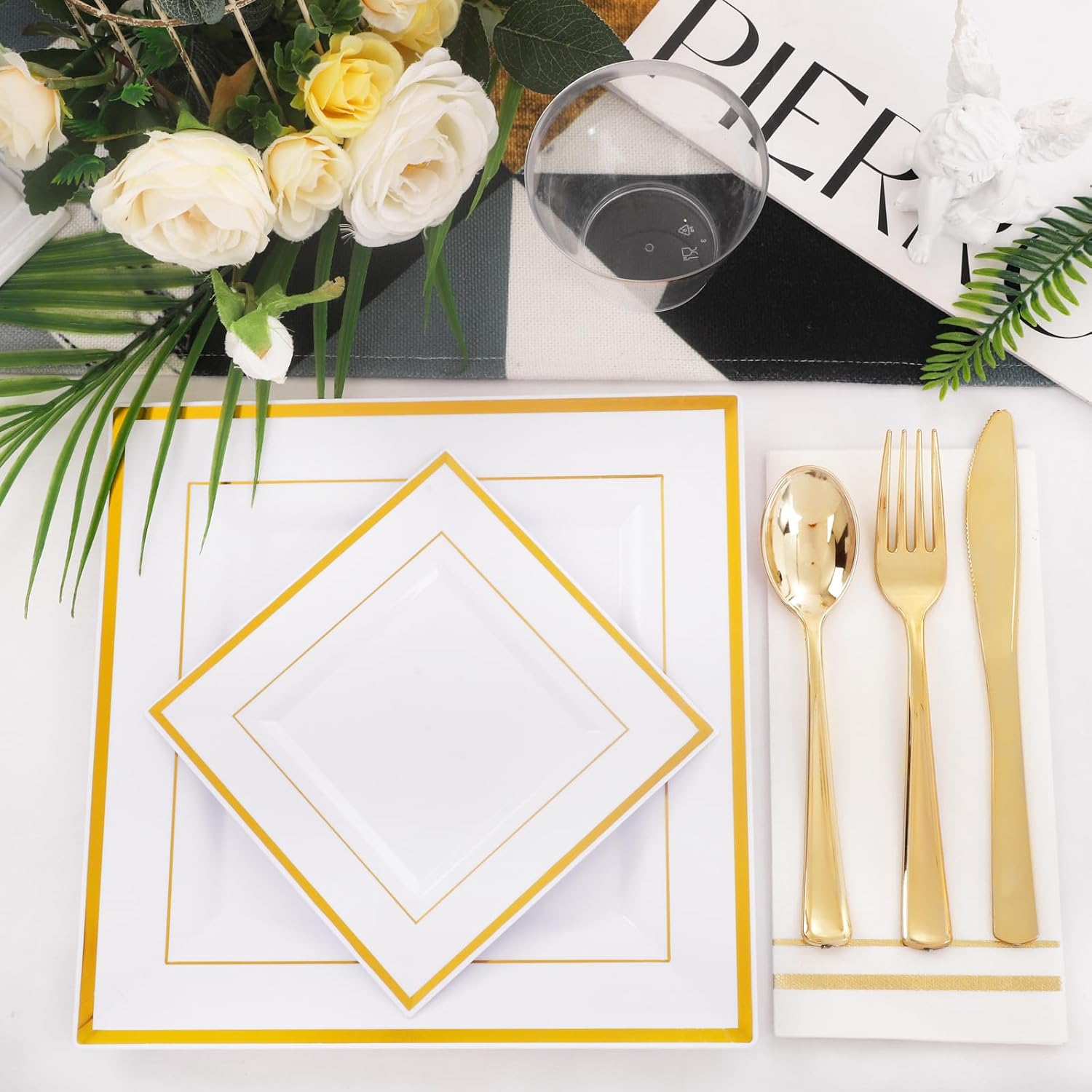 Festiva 350Pcs Gold Plastic Plates - Disposable Square Gold Plates Dinnerware set include 9.5"/6" Plates,Cups,Plastic Cutlery,Hand Napkins Perfect for 50 guests Party&Birthday&Wedding - Image 5