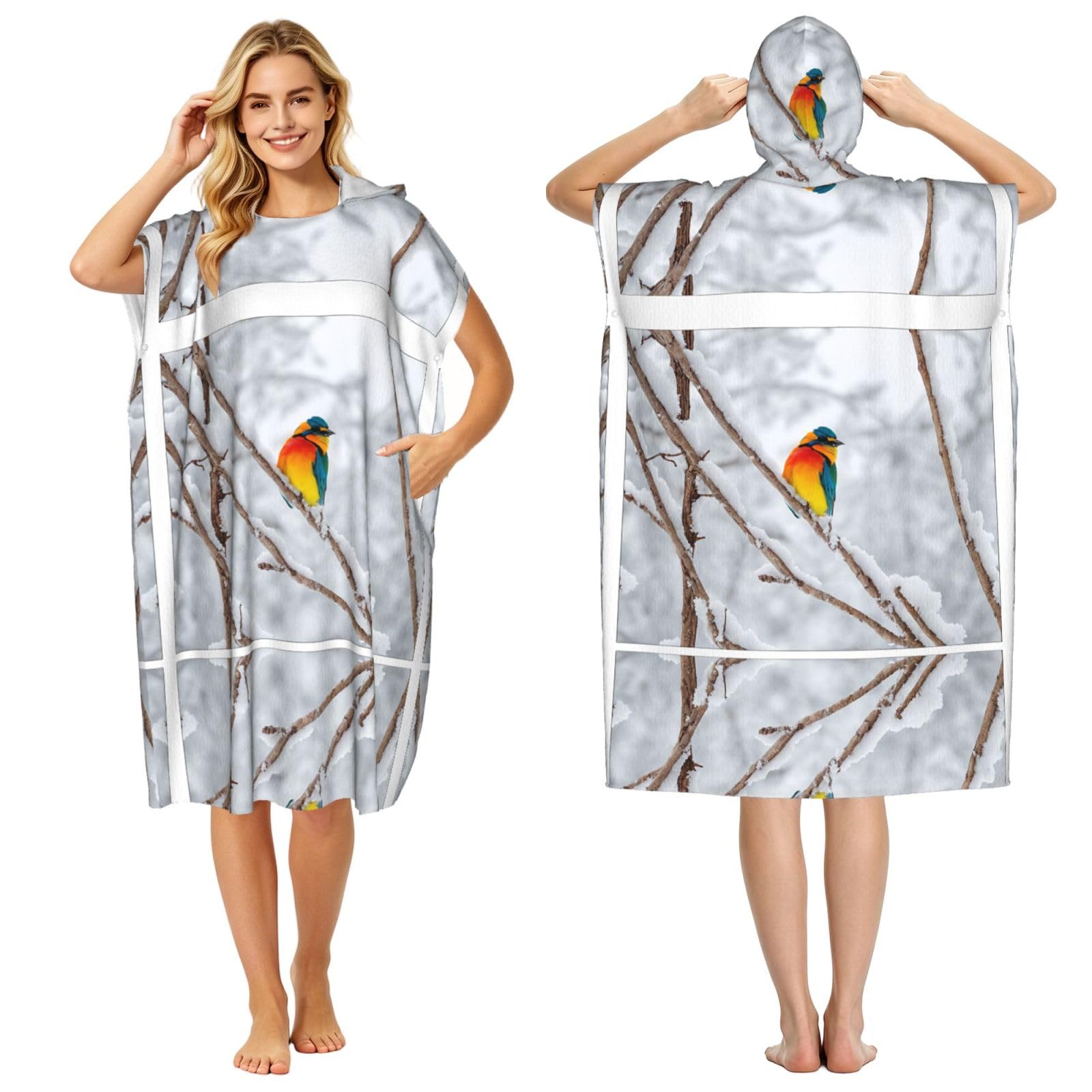 Poncho à capuche en microfibre au motif bouleau artistique pour amateurs de surf exigeants