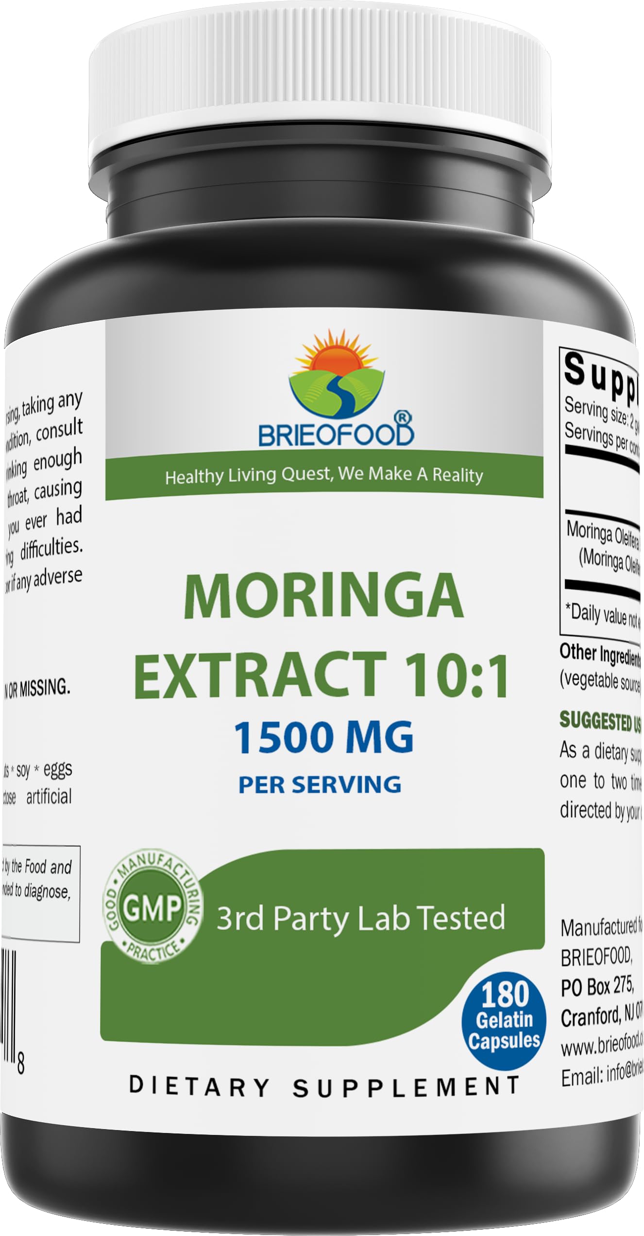 Brieofood Moringa Oleifera Extract 10:1 1500 mg - 180 Capsules - Non-GMO and Gluten Free Supplement - Moringa Leaf Green Superfood
