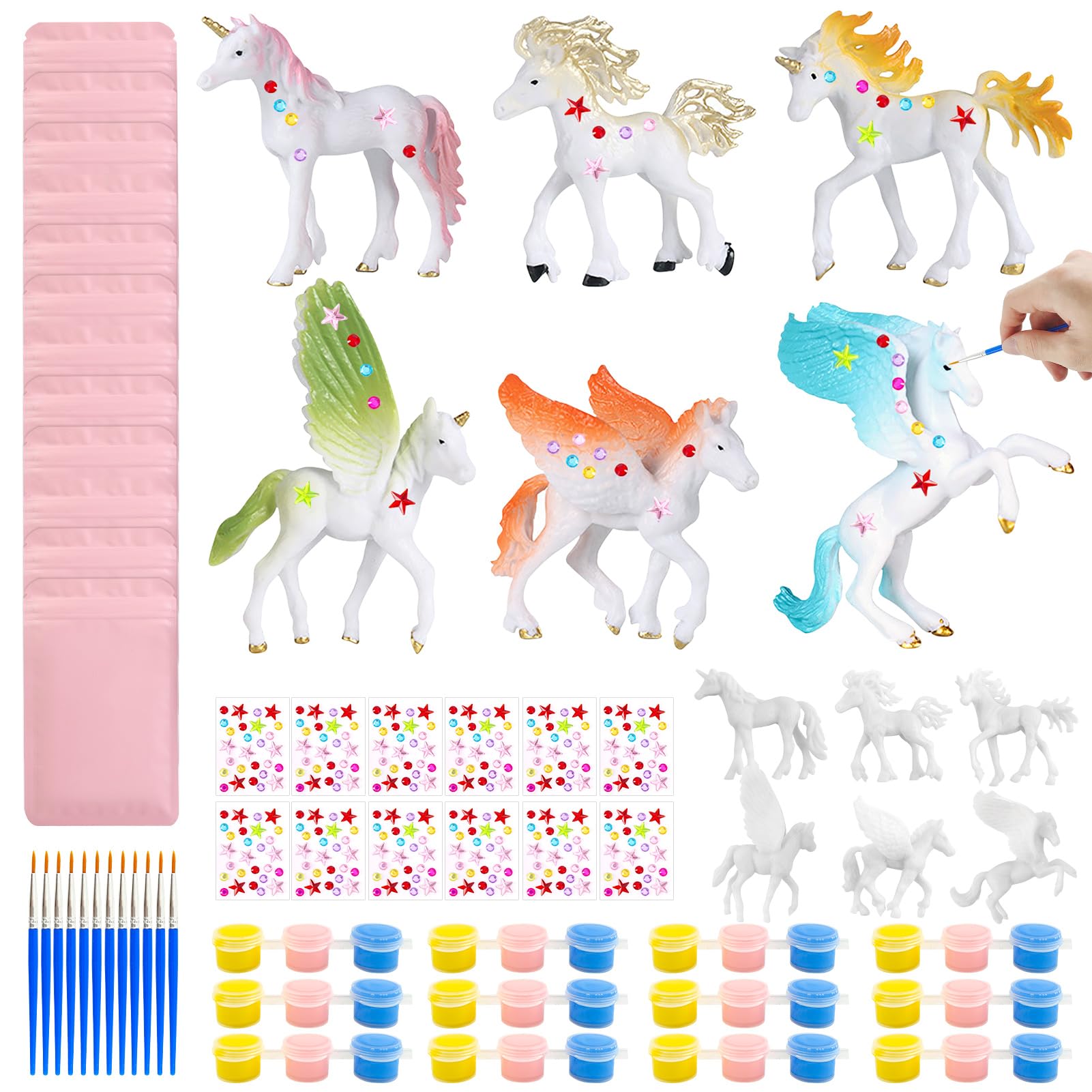 Kit Licorne Peinture 12 Pièces – Figurines, Peintures Acrylique, Pinceaux, Stickers – Cadeau Anniversaire Ou Noël