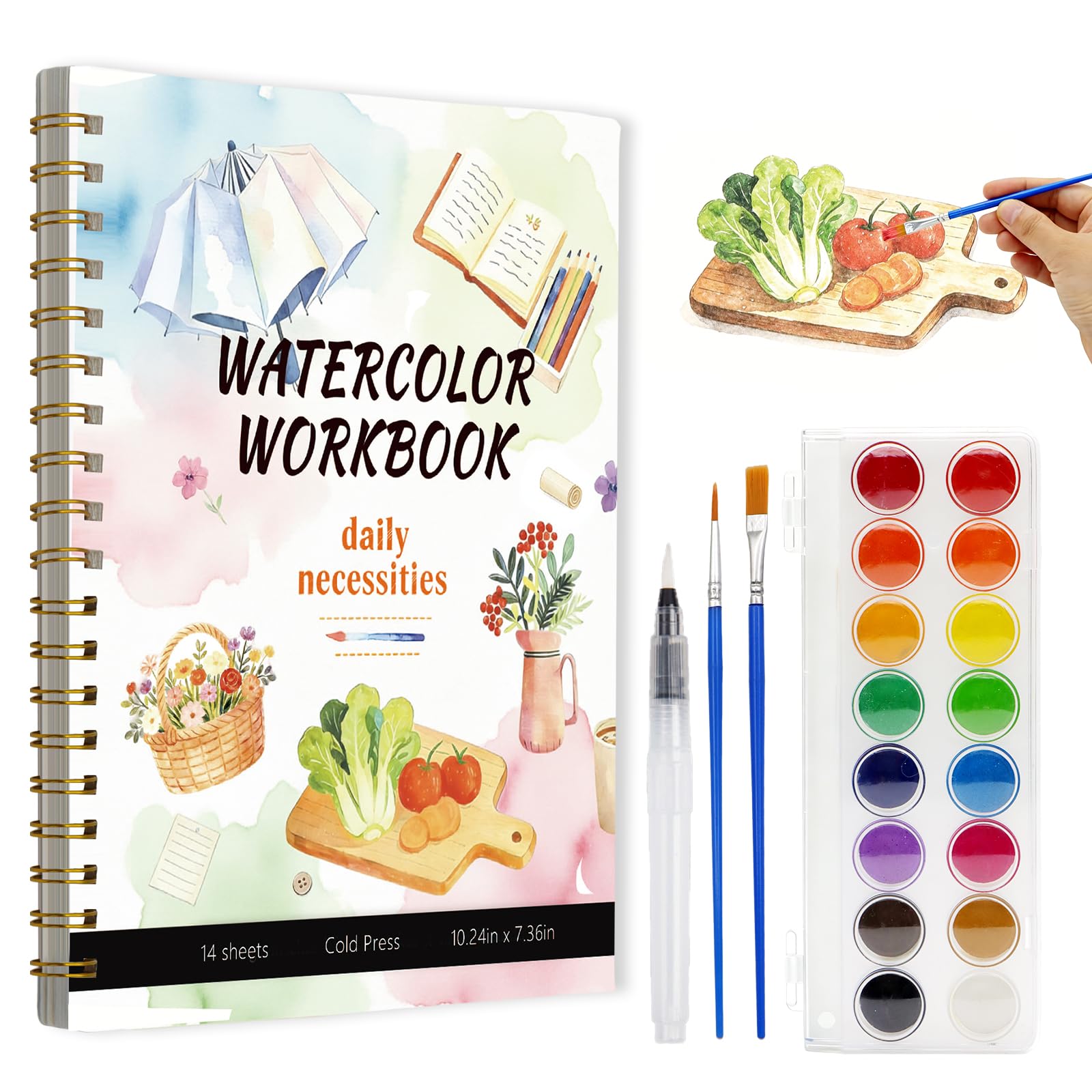 Watercolour Workbook for Adults – Watercolours Colouring Book with 14 Watercolour Paintings, 16 Colours, 3 Brushes & Colour Mixing Guide – Large 200GSM Paper for Beginners & Art Enthusiasts
