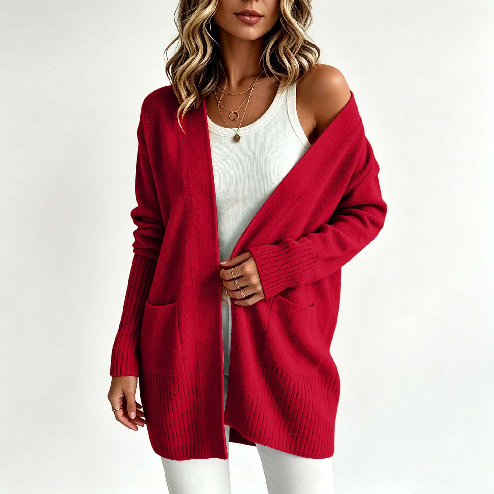 Gilet Ouvert pour Femme, Poches Latérales, Manches Longues, Coupe Longue