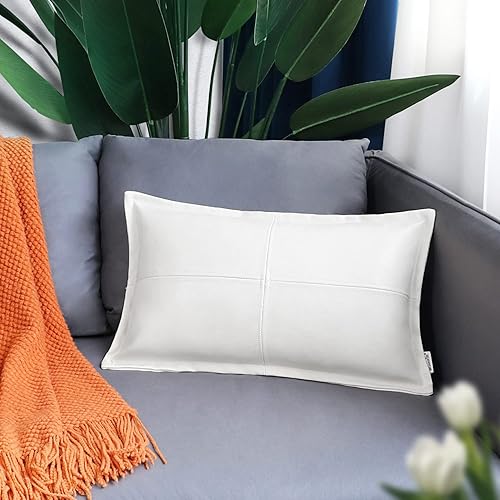 Miniatura 2 de BRAWARM Almohada Decorativa de Cuero Blanco de 12 x 20 pulgadas, Funda de Almohada de Cuero Sintético con Ribete, Fundas Decorativas de Almohada