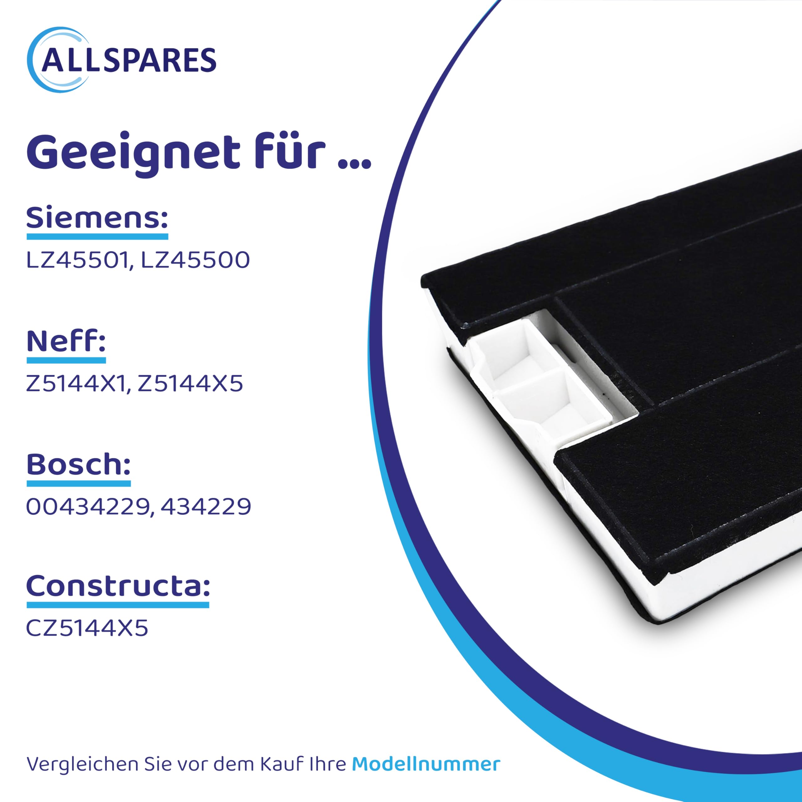 AllSpares Aktivkohlefilter für Dunstabzugshauben geeignet für Siemens LZ45501, LZ45500 | Neff Z5144X1, Z5144X5 | Bosch DHZ4506, 00434229, 434229 | Constructa CZ5144X5 | 385x195x28mm (2) (1)