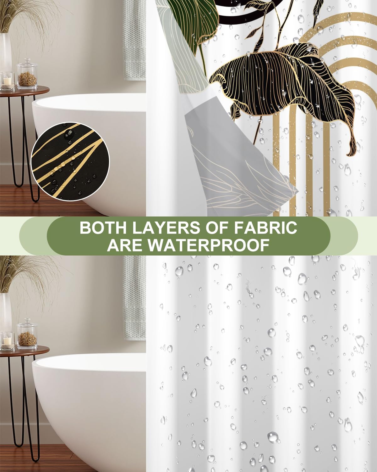 No Hook Shower Curtain with Snap in Liner Set, Abstract Tropical Botanical Print Shower Curtains for Boho Mid Century Modern Bathroom, Waterproof Bath Curtain with Mesh Top, 71x74 Inch