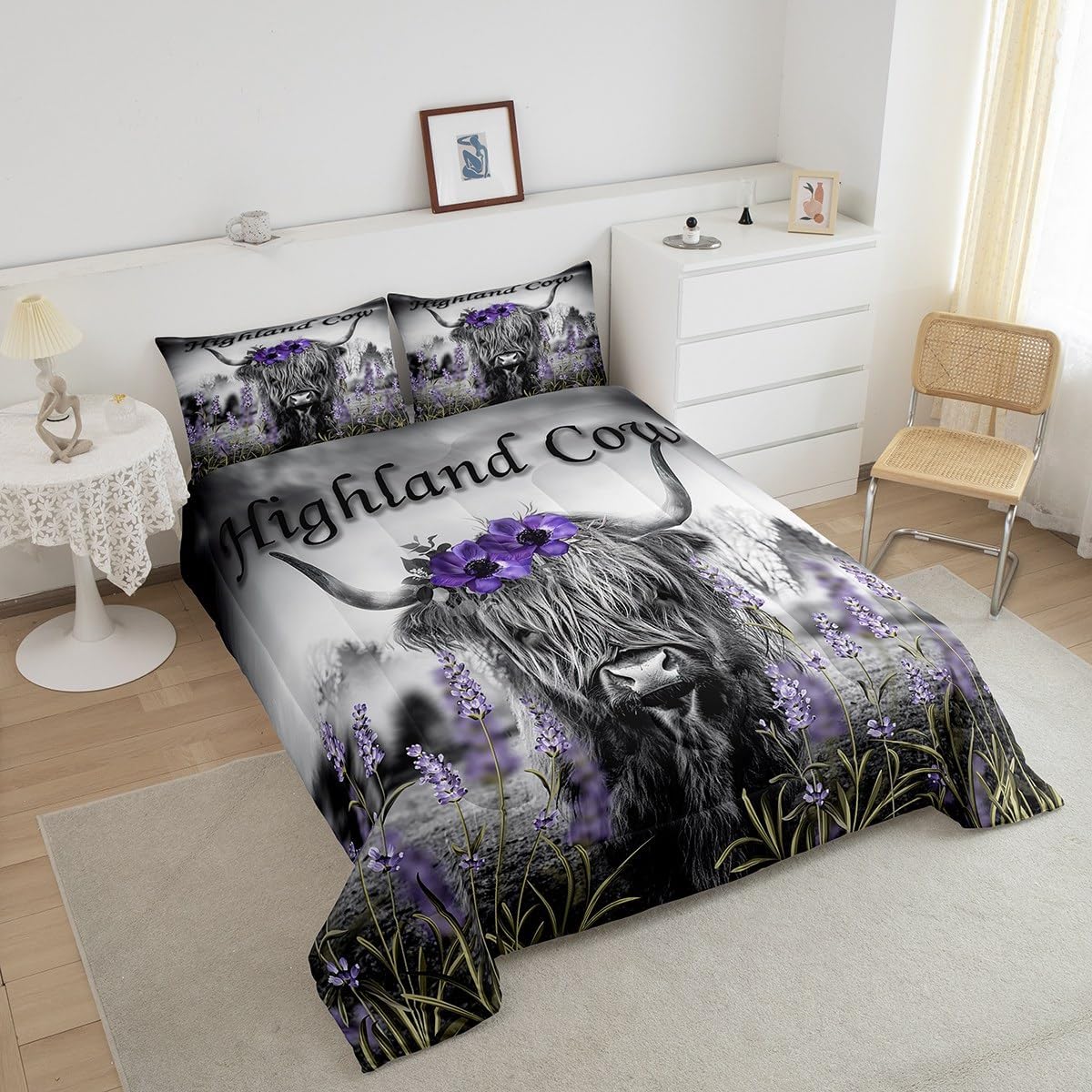Highland Cow Flower Comforter Set Queen,Bull Cattle Bedding Set Western Funny Animal Duvet Insert,Wildlife Farmhouse Cow Quilted Comforter with Purple Floral and Green Grassland Print Pillowcase