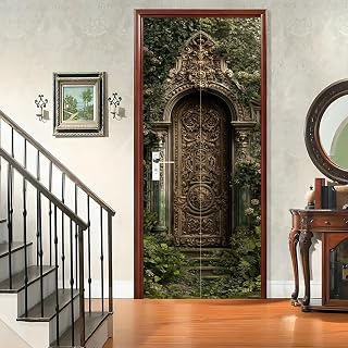 Door Sticker 30.31 x 78.74 Inch Vintage Carved Door with Botanical Ivy Greenery Ornamental Design for Bedroom Living Room or Entryway Artistic Mural Style