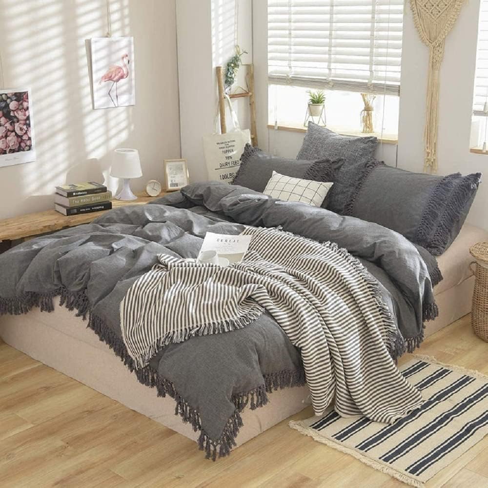 Grey Color Duvet Cover Washed Cotton Duvet Cover with Macrame Tassel Bohemian Queen Duvet Cover King Comforter Cover, UO Bedding Full Duevt Cover,in (Full)