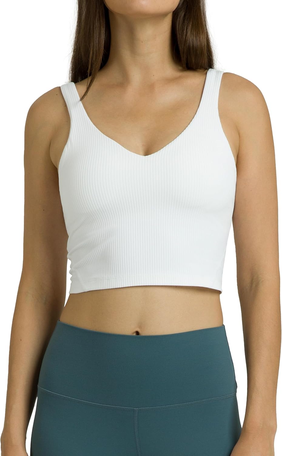 Colorfulkoala Women's Dreamlux Ribbed V-Neck Workout Tank Top with Built-in Shelf Bra Padded Cropped Yoga Shirts