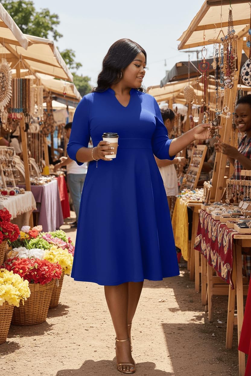 Nmoder Plus Size Dresses for Women - Casual 3/4 Sleeve V Neck Church Midi Dress Wedding Guest Cocktail with Pocket - Image 2