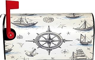 Retro Ship Rudder Mailbox Covers Magnetic Standard Size Ocean Compass Decorative Post Letter Box Wraps Waterproof Mailbox for Garden Yard Home Holiday Decor