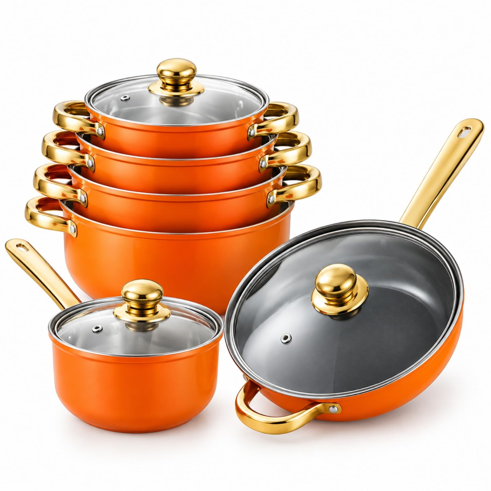 Ensemble de 12 pièces de batterie de cuisine en acier inoxydable (Couleur orange)