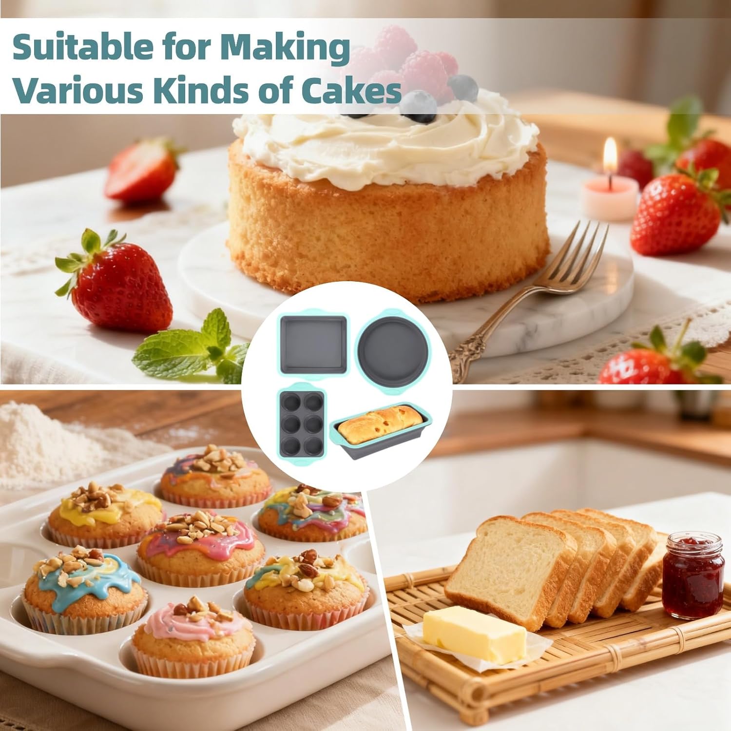 4 Pcs Bakeware Set, Silicone Non-Stick, Stackable with Handles, for Muffin, Loaf, Round, Square Cake Pans