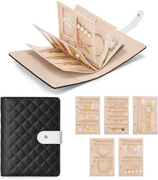 WOOMADA Travel Jewelry Organizer Case, Foldable Velvet Jewelry Storage Book with Clear Zipper Pouch and Built-in Mirror for Rings, Necklaces, Earrings, Braceletsblack