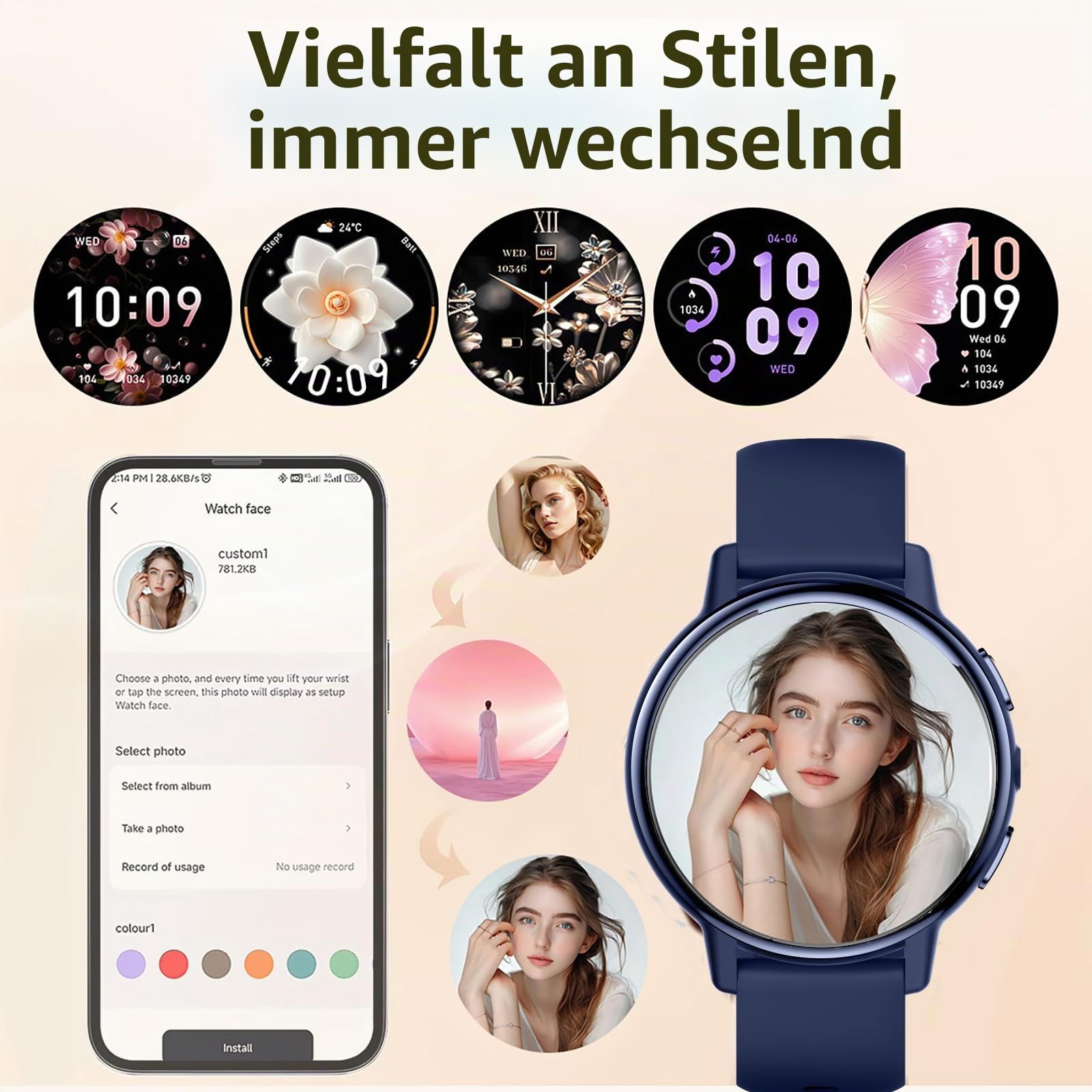 findtime Damen Smartwatch mit Telefonfunktion, 1.26" IPS Rund Touchscreen Elegante Rosa Armbanduhr mit Menstruationszyklus Schlafmonitor Schrittzähler Taschenlampe