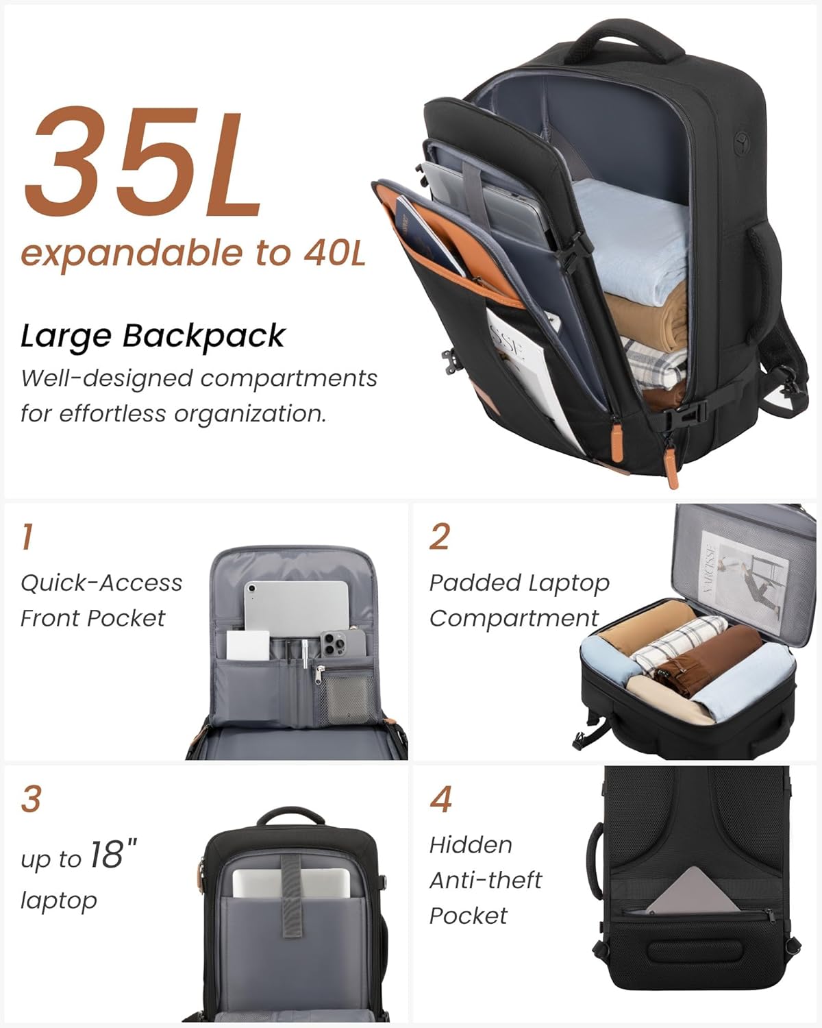 YOETEY Carry On Luggage 22x14x9 Airline Approved with Spinner Wheels, Expandable Hardside Suitcase, Black