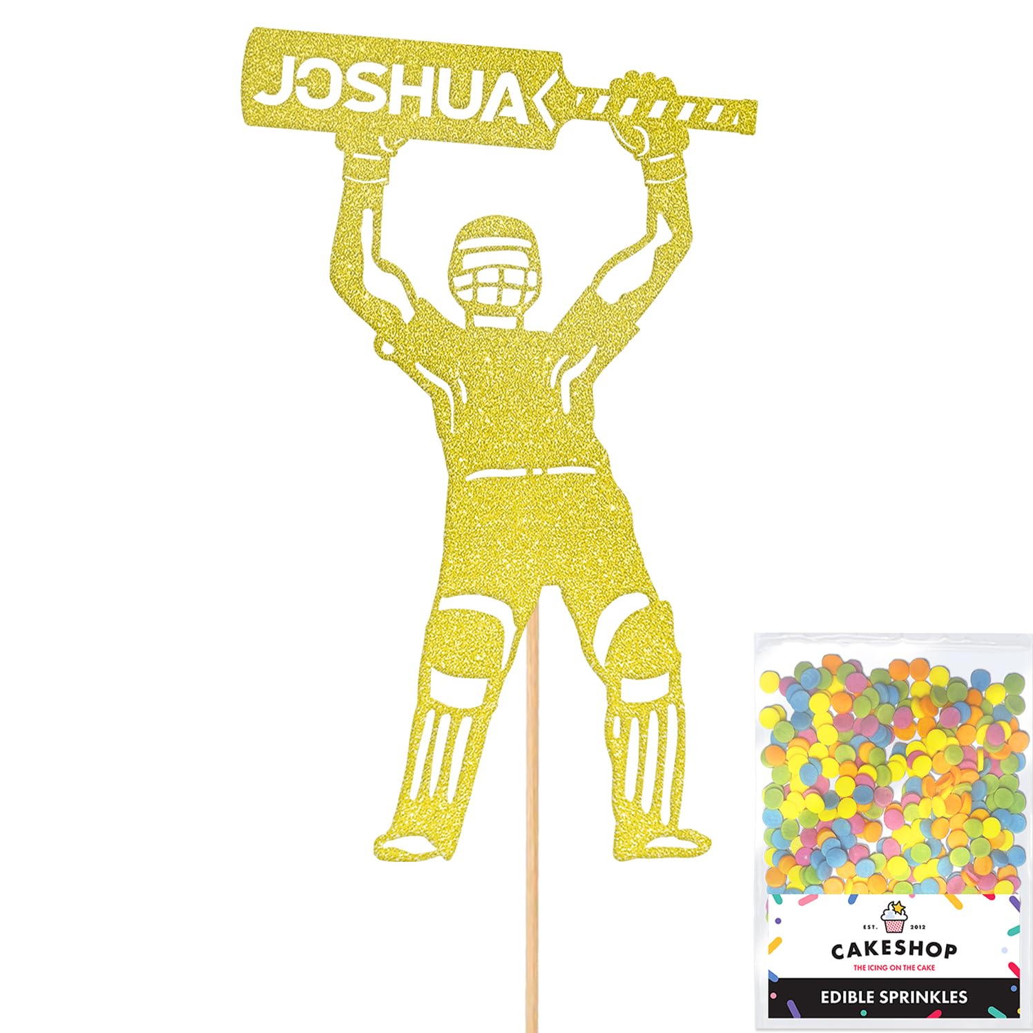 Personalised Cricket Batsmanl Glitter Cake Topper - Champagne Custom Name Glitter Cake Decoration and Sprinkles - Happy Birthday Decorations - Personalised Toppers for Cakes by Cakeshop