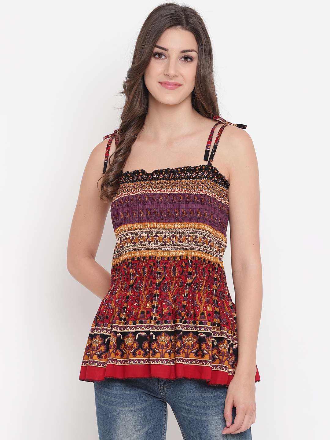 Bigdave Women's Rayon Printed Casual Summer Style Tie Shoulder Straps Free Size Tank Top (Multi8)