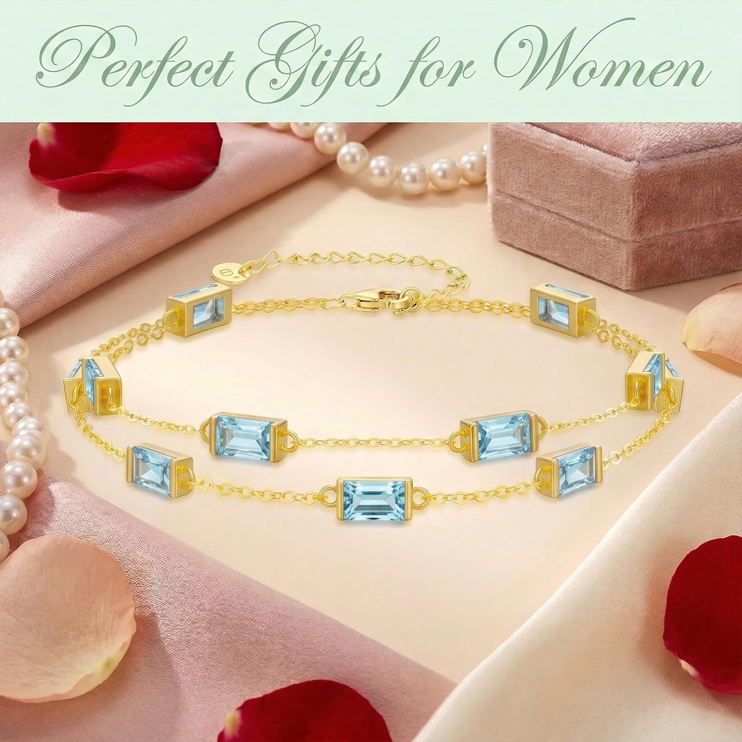 OJK 14K Gold Birthstone Bracelet for Women 14K Gold Layered Charm Link Bracelets Anniversary Birthday Jewelry Gifts for Wife Mom Her